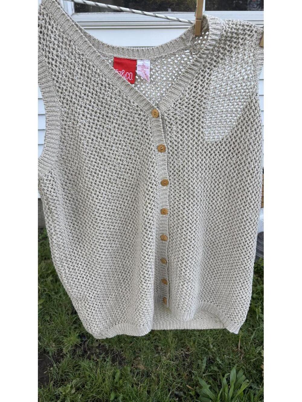 Liz & Co. Cream Linen Cotton Crochet Knit Button Front Sweater Vest Size L